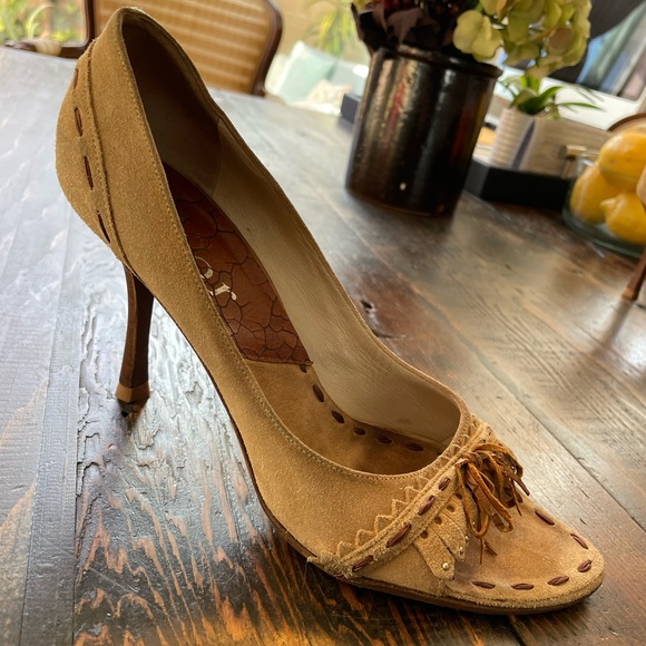 Christian Dior vintage camel suede moccasin style open toe pump size 9 - Picture 2 of 12